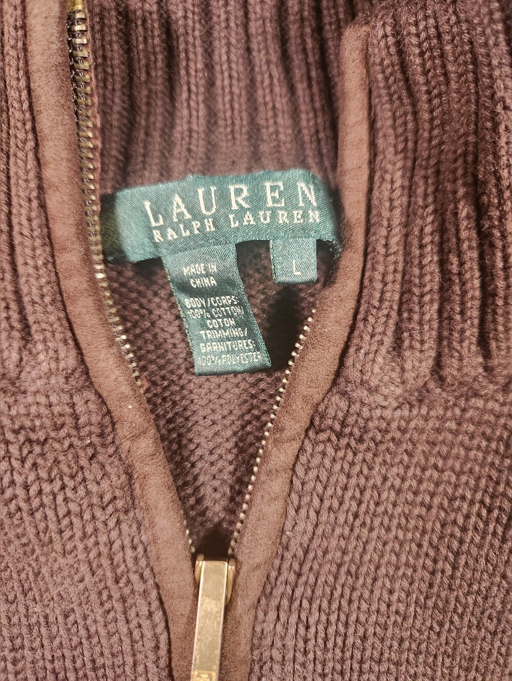 Women's Ralph Lauren Brown Full-Zip Ribbed Collar Sweater - Picture 2 of 5